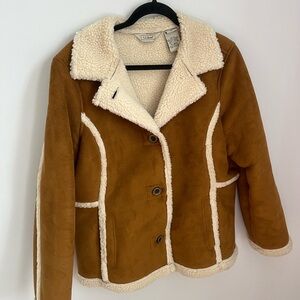 L.L. Bean Chestnut Brown Faux-Suede Sherpa Jacket with Cream Trim